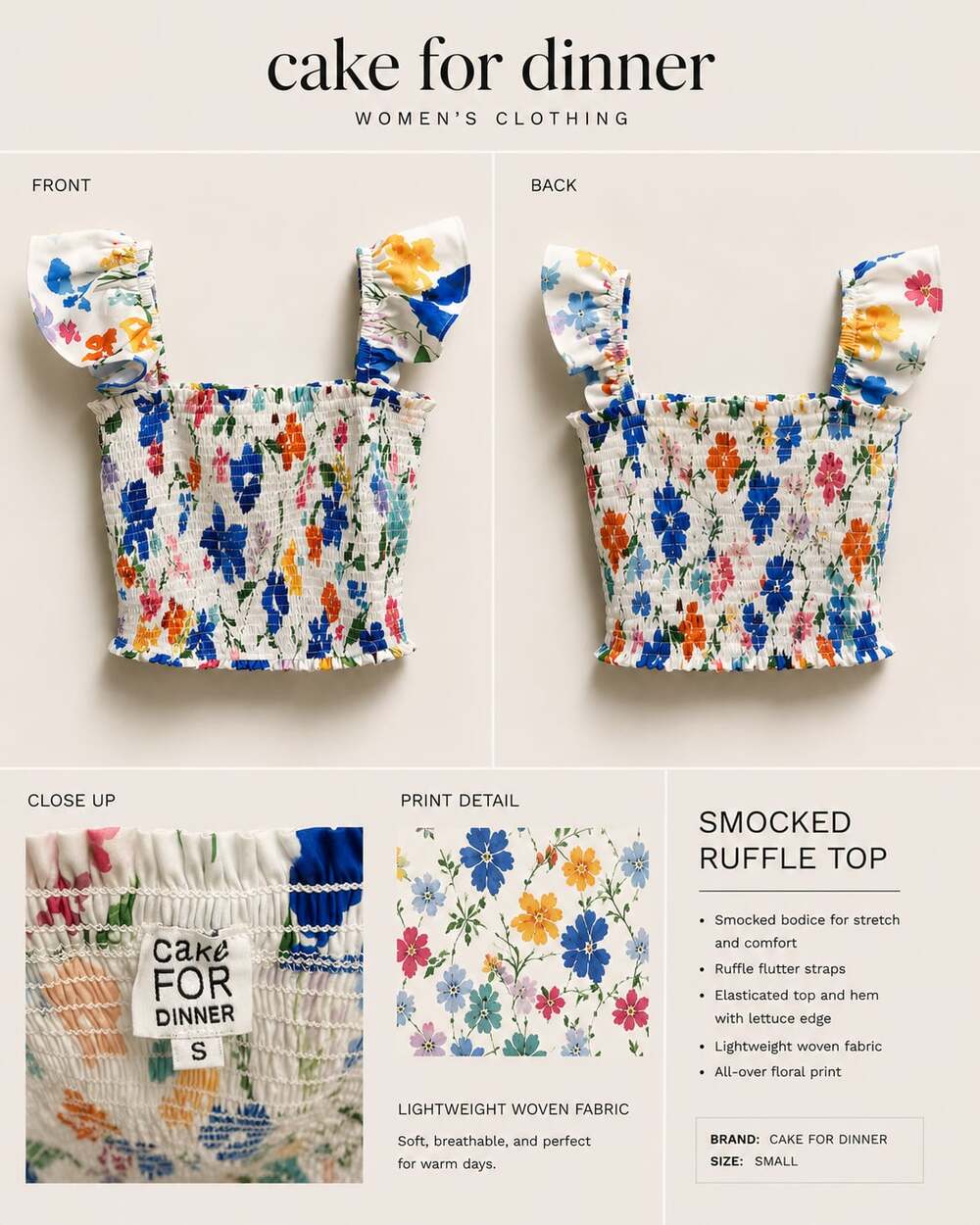 Cake For Dinner Floral Smocked Ruffle Flutter Strap Top Size Small